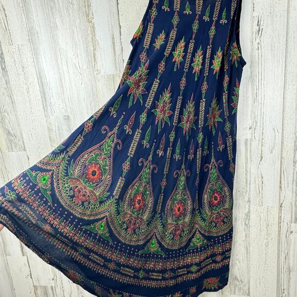 Lapogee India 100% Rayon Blue Orange Floral Long Tank Maxi Tunic Dress medium - Picture 7 of 9